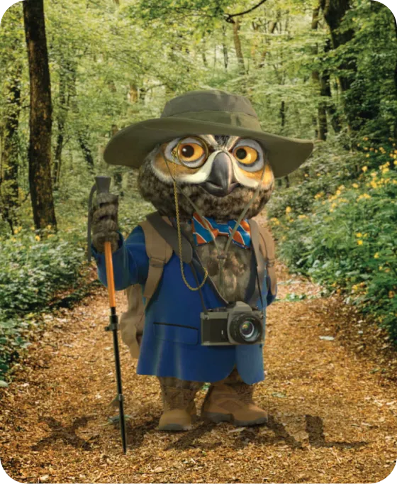 Xyzal's mascot, Nigel the owl, wearing a hat and backpack, ready to walk along a trail, showcasing his adventurous spirit.